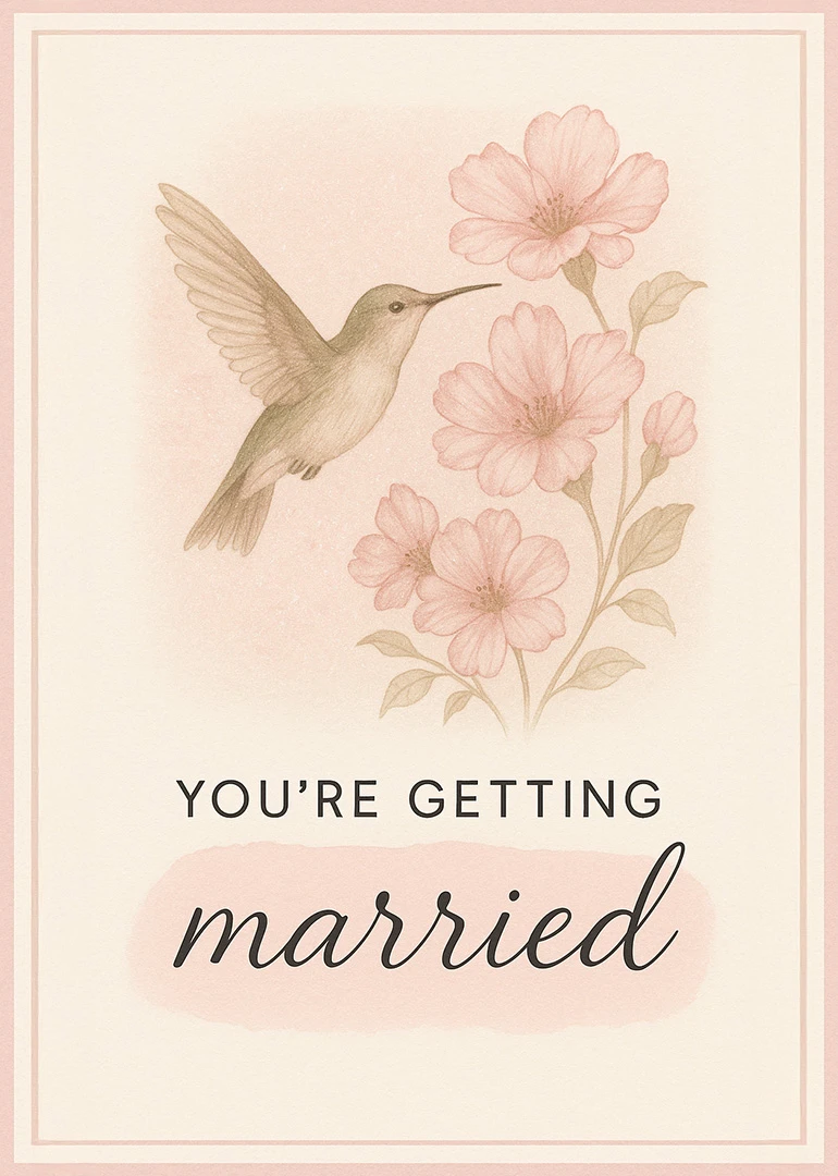 A pastel hummingbird hovers beside pink flowers above the words you're getting married.