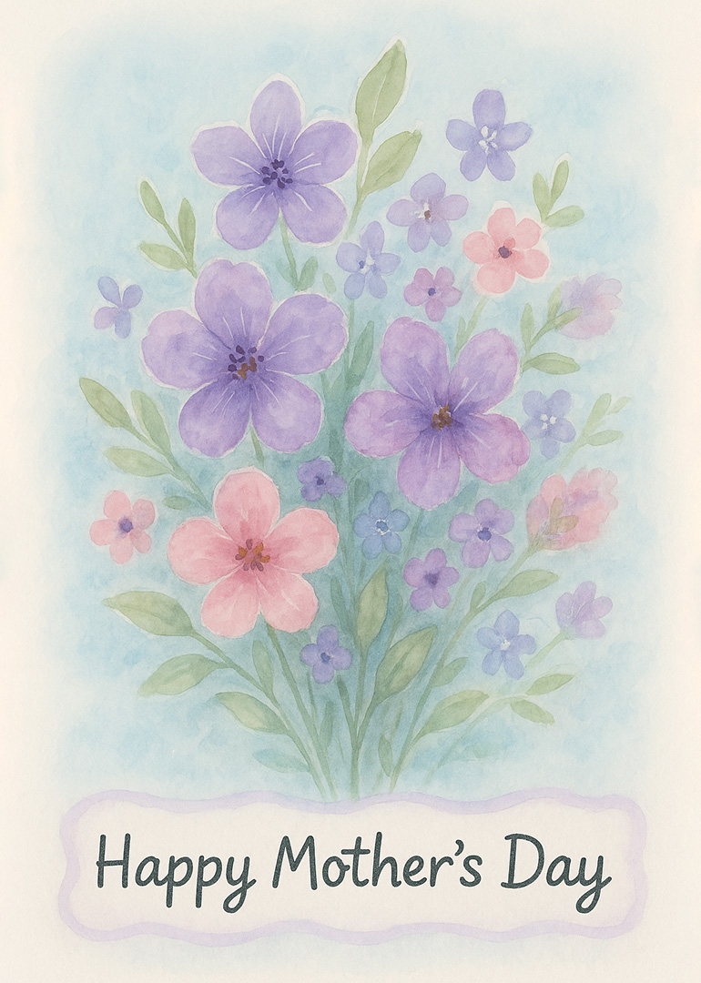 Watercolor bouquet of purple and pink flowers with Happy Mother's Day text
