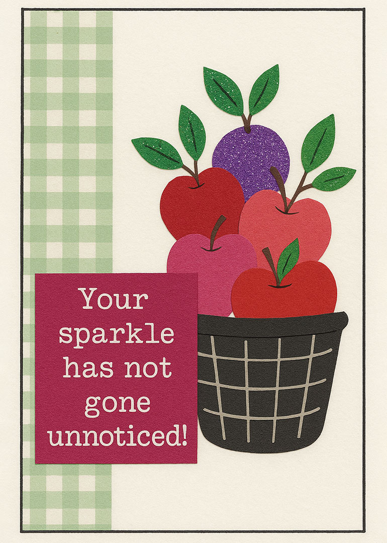 Basket of colorful apples with green leaves and sparkle message