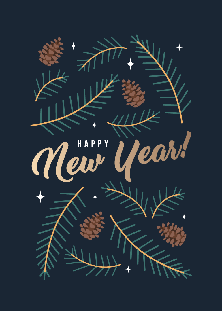 New Year card with pine cones, green branches, and stars on dark background
