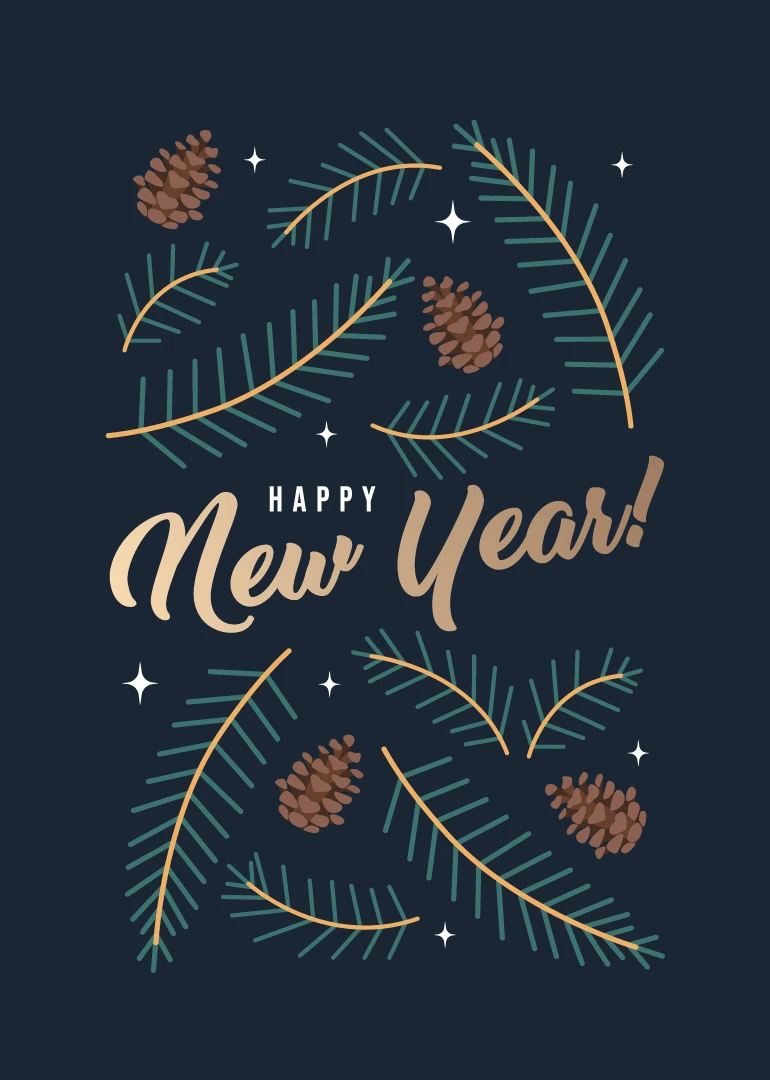 Dark navy New Year card with pine branches, pinecones, stars, and elegant gold lettering below.