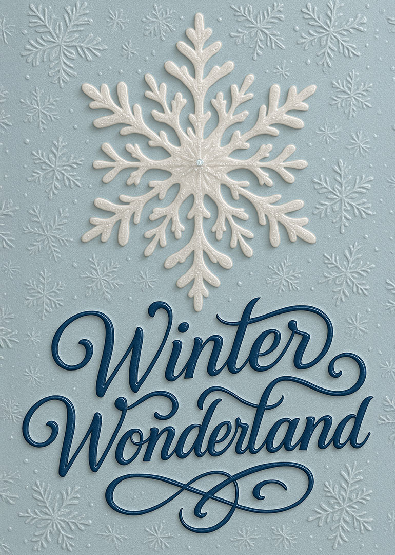 Elegant winter card with large white snowflake and blue winter wonderland text