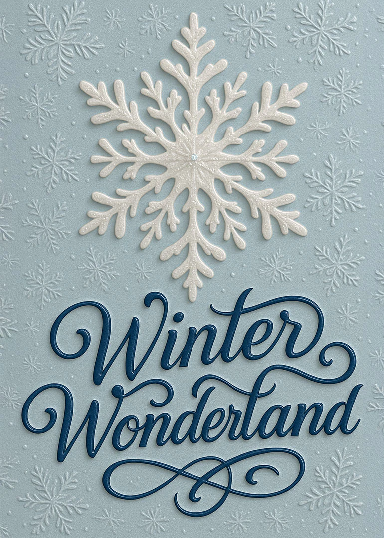 Large embossed snowflake on pale blue card with Winter Wonderland lettering.