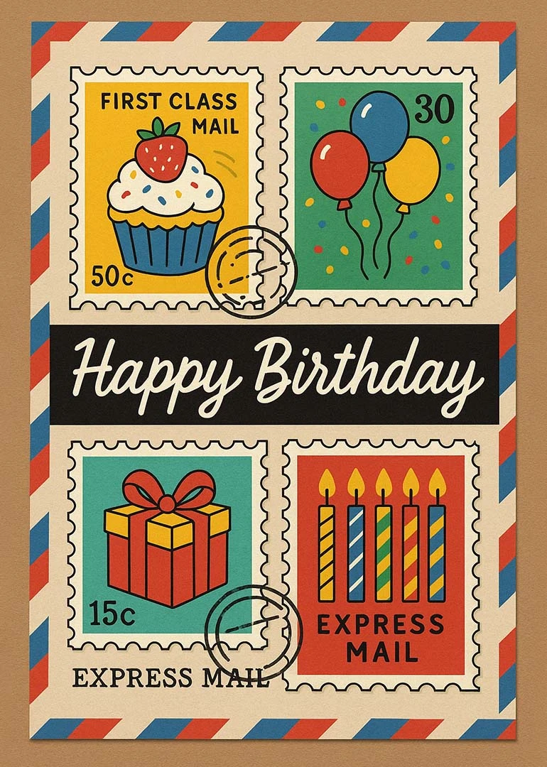 Retro postage stamp birthday card with cupcake, balloons, gift, candles, and Happy Birthday text design.
