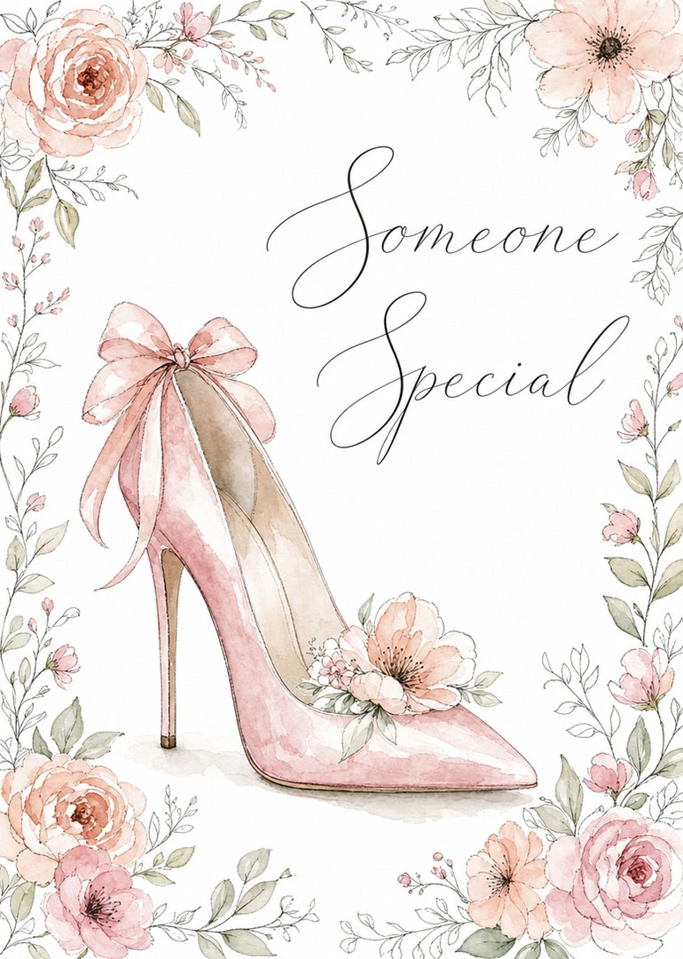 Watercolor pink high heel with bow surrounded by pastel flowers and script text Someone Special