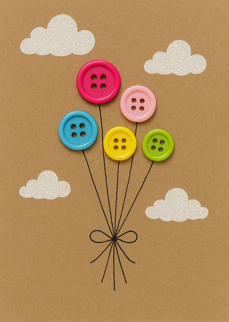 Card with colorful button balloons and white clouds on brown background