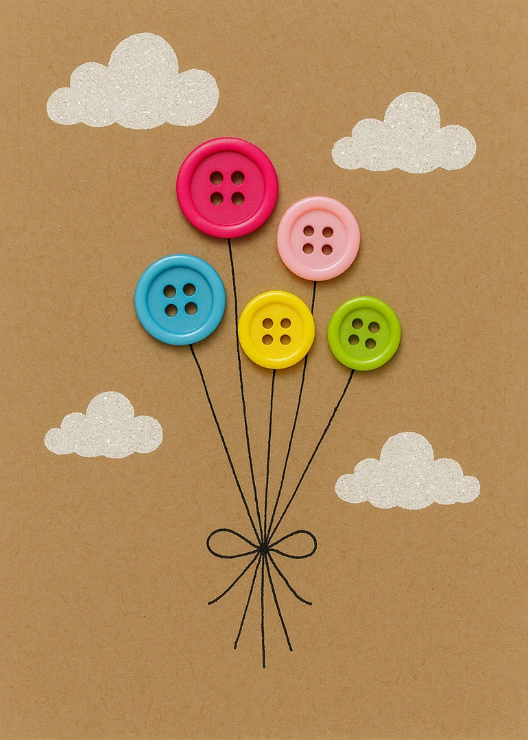 Five colorful button balloons float under glittery clouds on a kraft paper handmade card background.