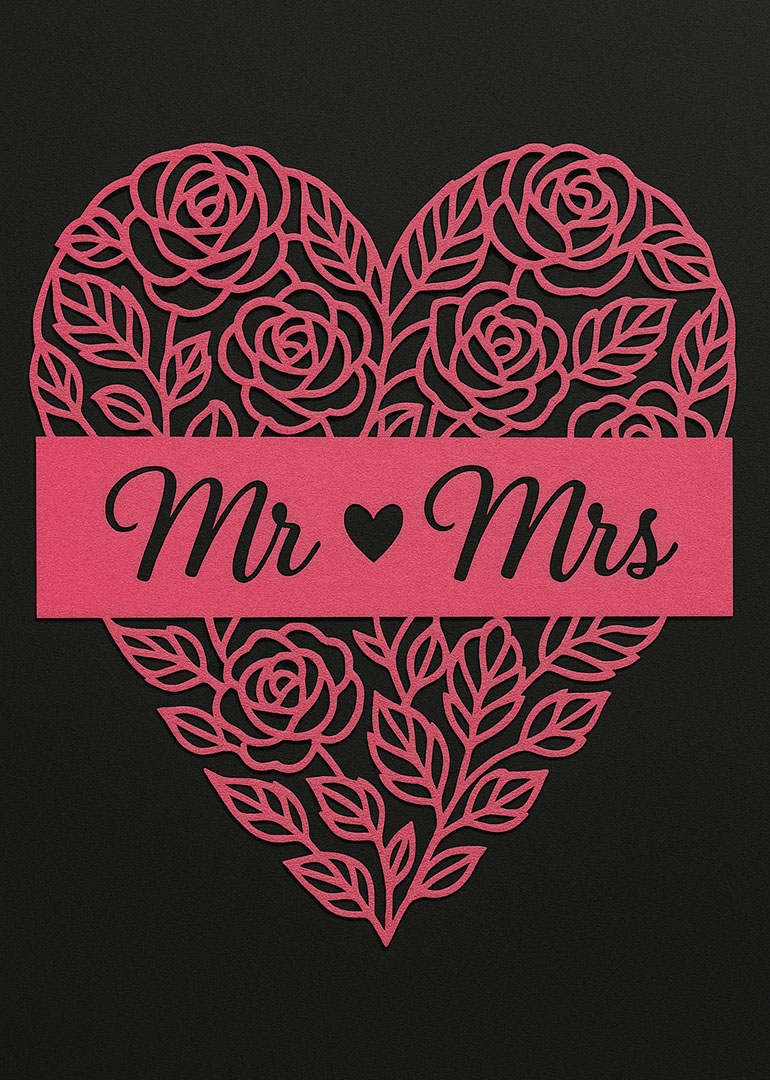 Red floral heart with Mr and Mrs text on black background wedding card