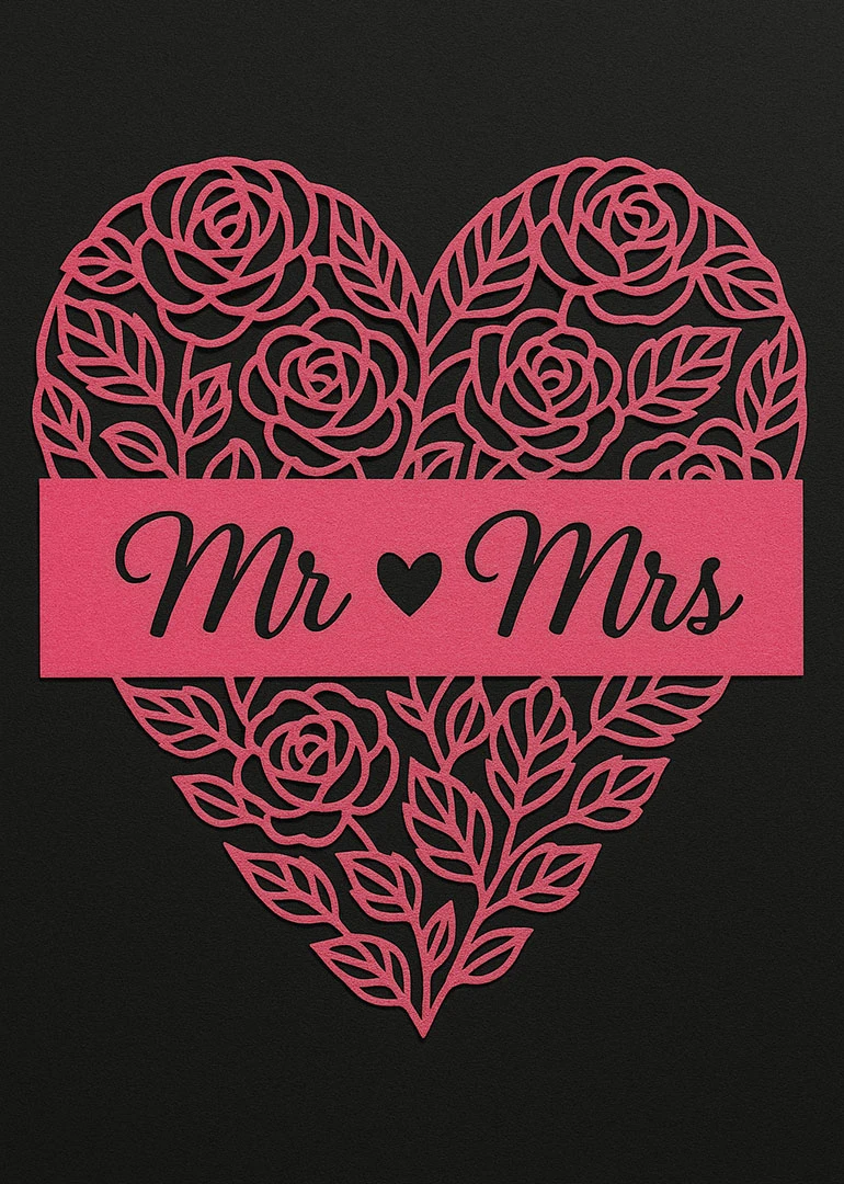 Pink floral heart card with Mr and Mrs text on a black background, romantic design.