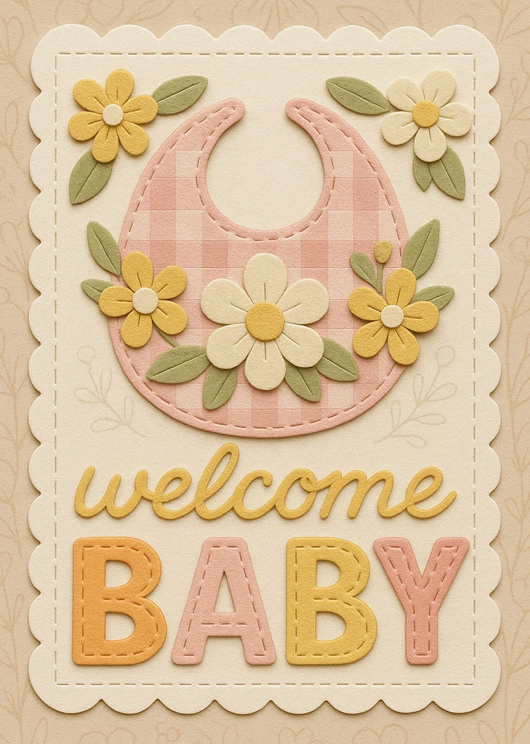 Pastel floral bib card with welcome baby wording and stitched applique details on cream background.