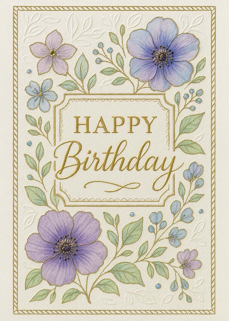 Birthday card with purple flowers, green leaves, and gold embossed lettering