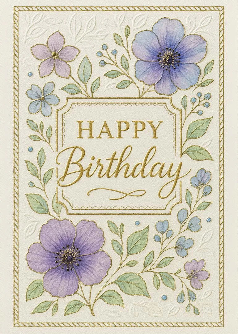 Pastel floral birthday card with gold lettering, embossed details, and elegant cream framed background design.