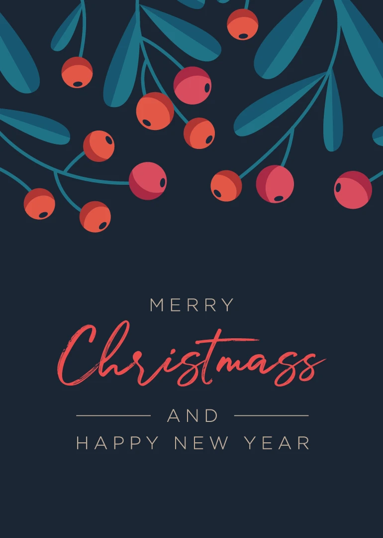 Navy card with berries and leaves reading Merry Christmas and Happy New Year in elegant lettering.