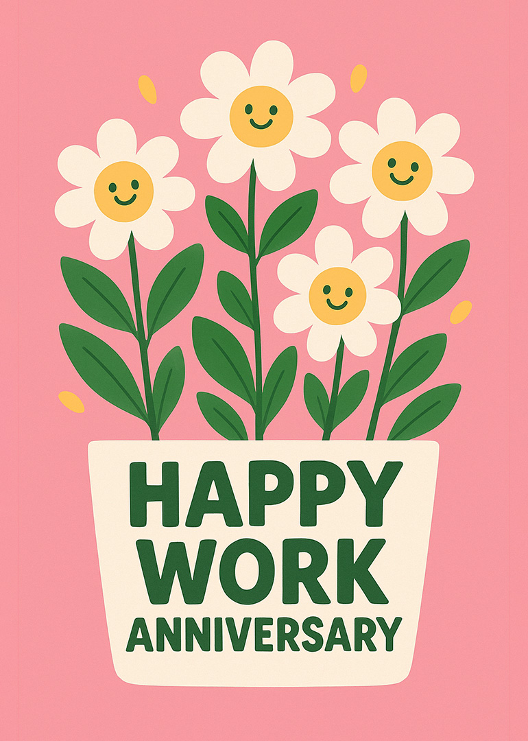 Smiling flowers in a pot with happy work anniversary text on pink background