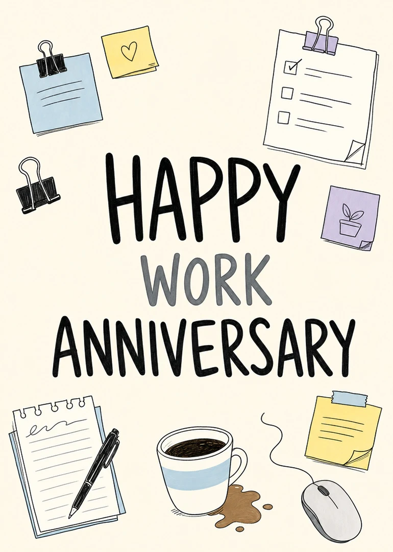 Happy Work Anniversary card with office doodles, checklist notes, coffee mug, and simple hand-drawn typography.