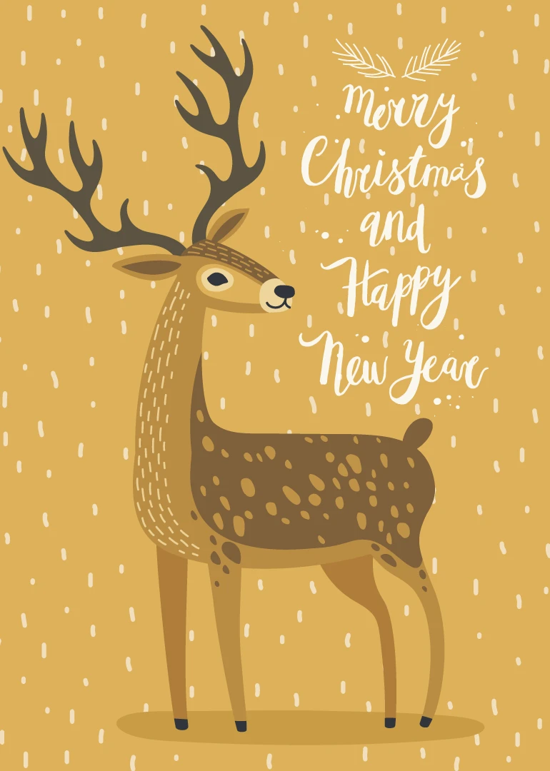 Deer in falling snow with Merry Christmas and Happy New Year message on gold background.