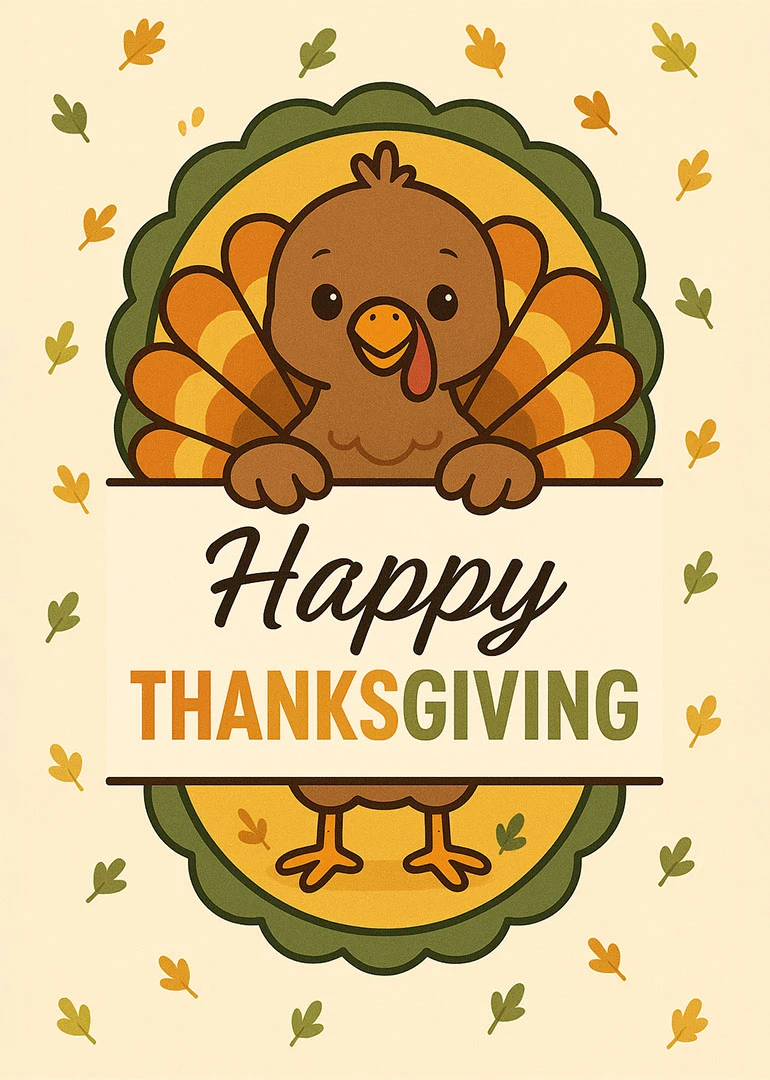 Cute cartoon turkey peeks over Happy Thanksgiving text with falling autumn leaves on cream background.