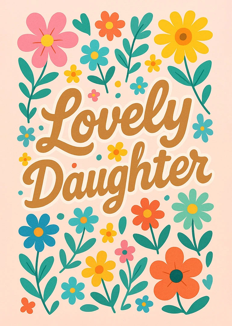 Retro floral card with Lovely Daughter text in brown script and colourful daisies on peach.