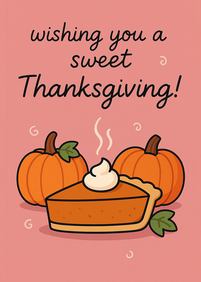 Illustration of pumpkin pie with whipped cream and two pumpkins on pink background
