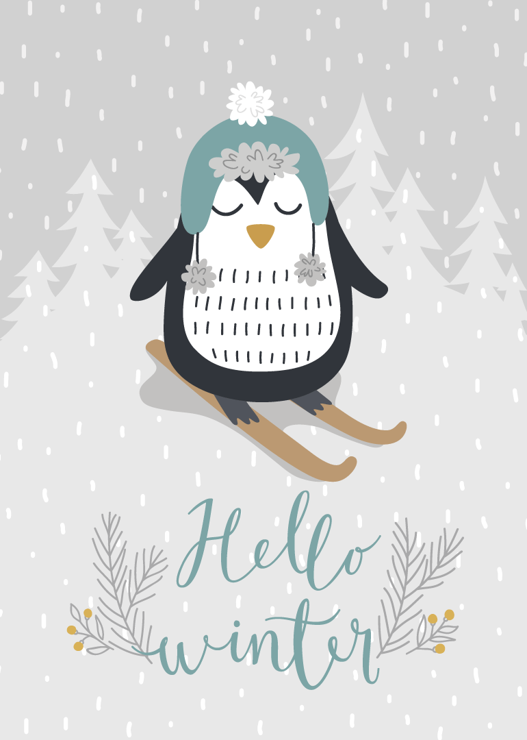 Penguin wearing winter hat skiing with Hello Winter text and snowy background