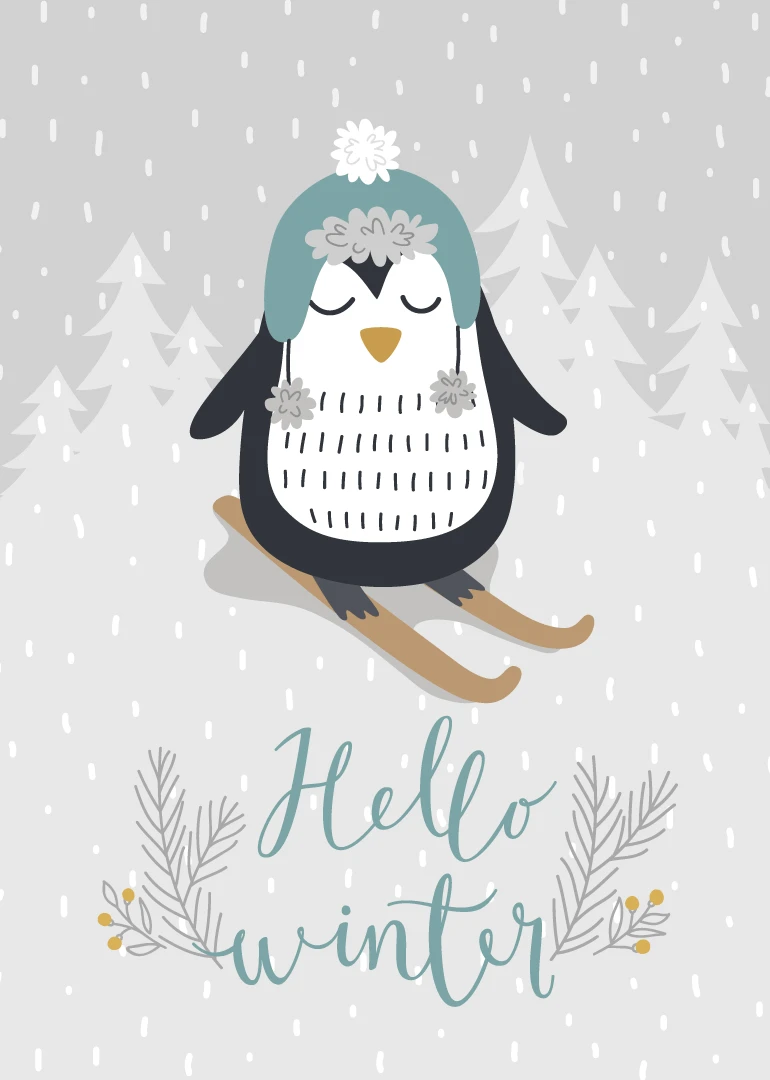 A penguin in a winter hat skis through snow above the words Hello winter card.