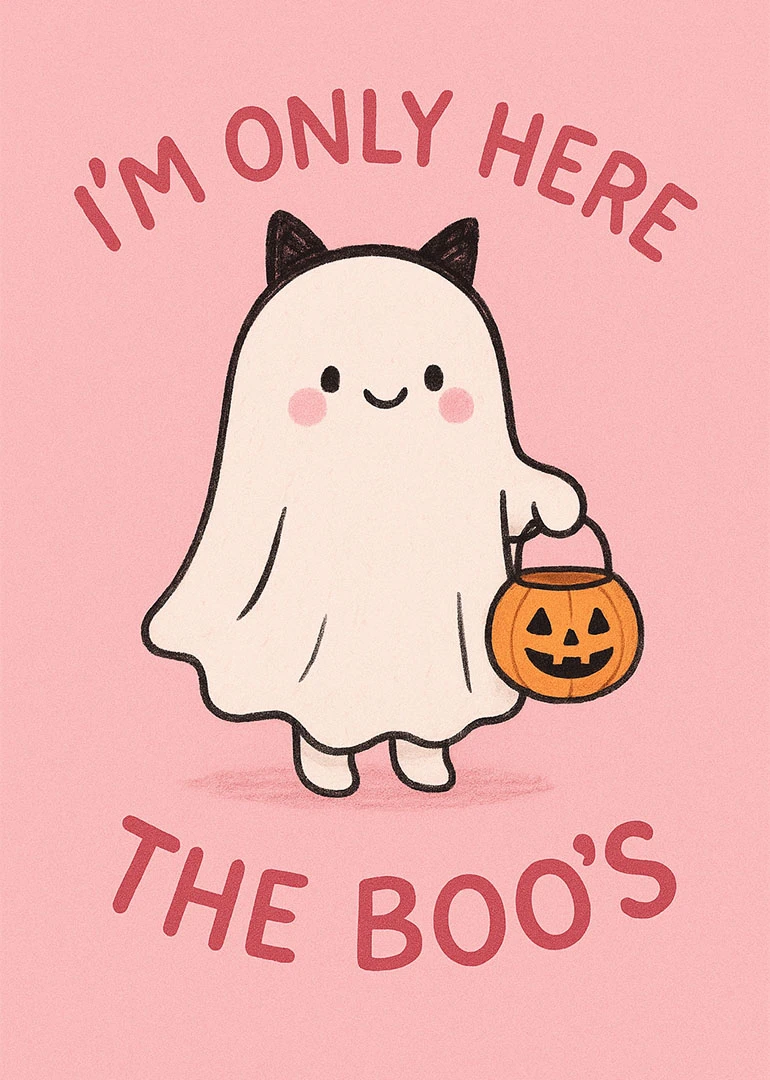 A smiling ghost with cat ears holds a pumpkin bucket on a pink Halloween card.