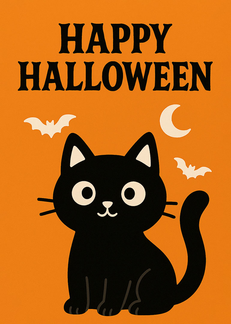 Halloween card with black cat, bats, moon on orange background