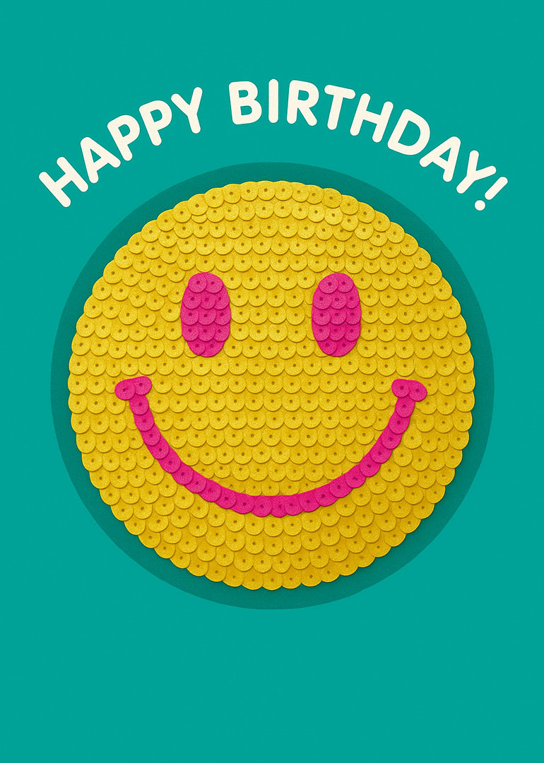 Yellow smiley face with pink eyes and smile on teal background