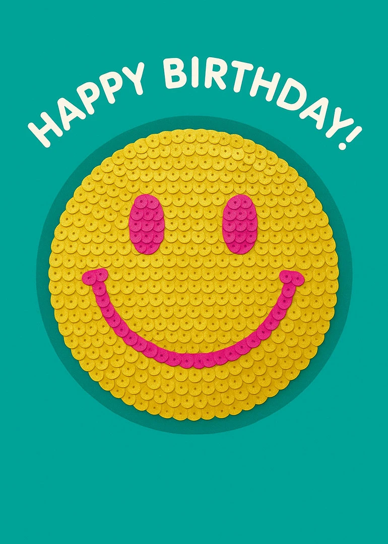 Yellow smiley face with pink features and Happy Birthday text on teal background card design.