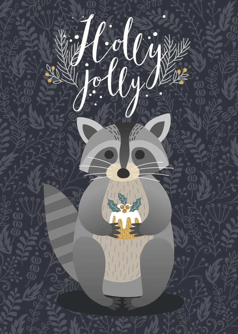 A cute raccoon holds holly berries beneath the words Holly jolly on a winter background.