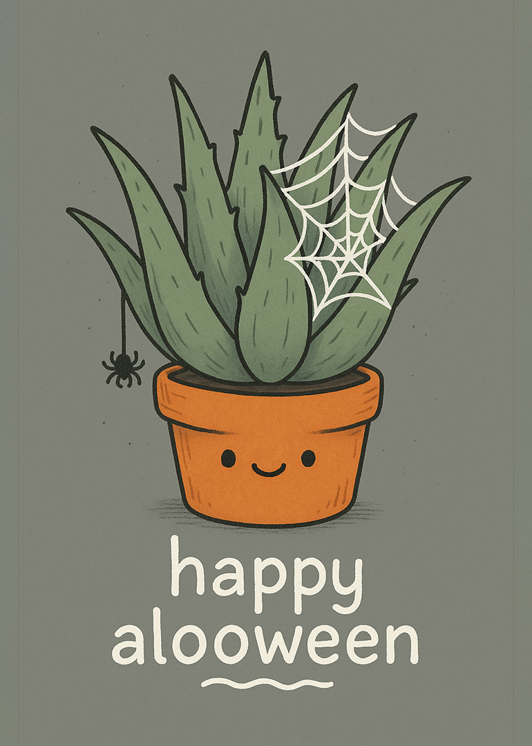 Cute aloe vera plant in pot with spider web and ‘happy alooween’ text