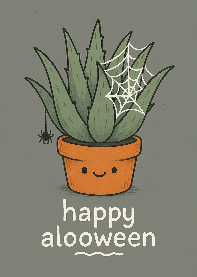 Cute potted aloe plant with spider web and spider, saying happy alooween in playful letters.