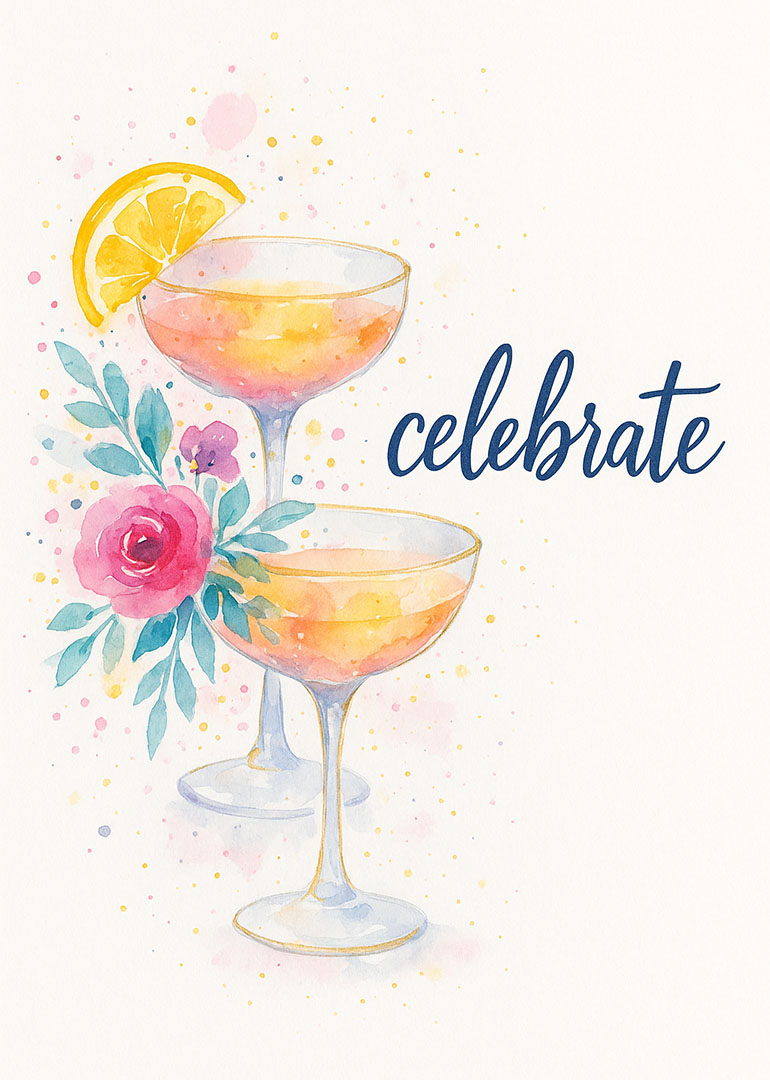Watercolor painting of two champagne glasses with a pink flower and celebrates text