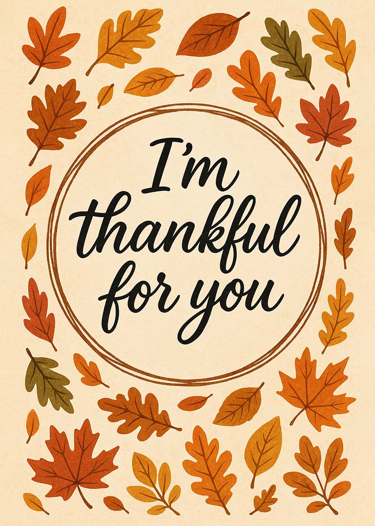 Thankful message card with autumn leaves border in orange and brown tones