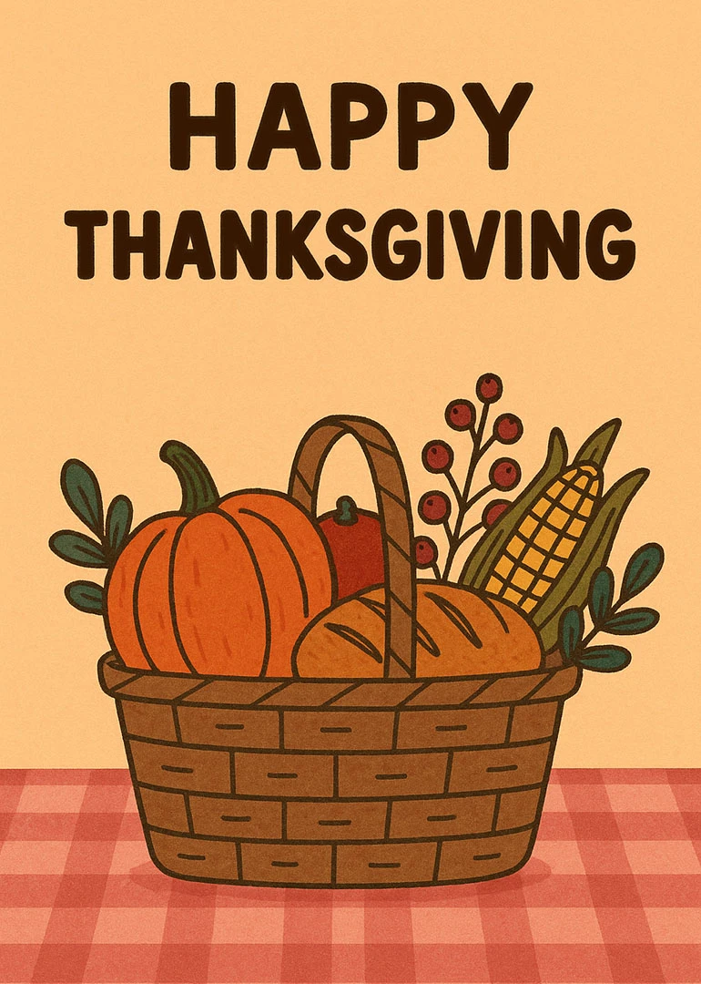 A basket of pumpkins, corn, and berries beneath Happy Thanksgiving text on a warm backdrop.