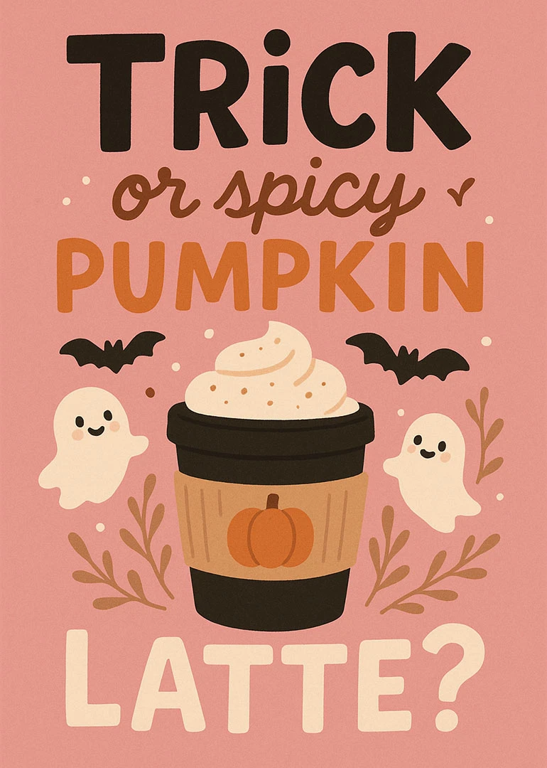 Pink Halloween card with pumpkin spice latte, ghosts, bats, and playful Trick or Spicy text.