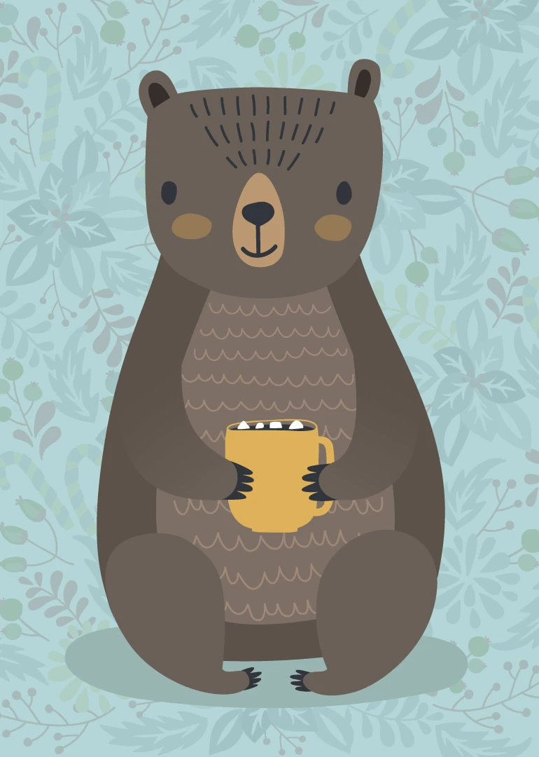 Illustrated bear holding a mug of hot chocolate on a pale blue floral background scene.