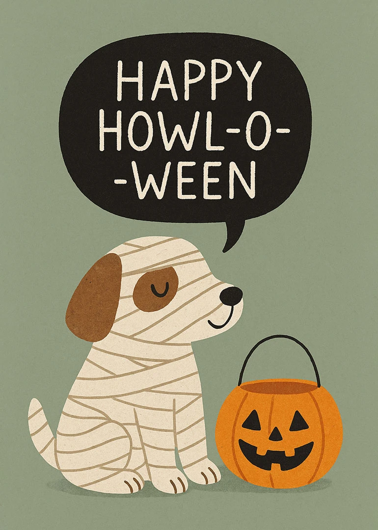 Mummy wrapped puppy beside pumpkin bucket under Happy Howl-o-ween speech bubble on green background card.