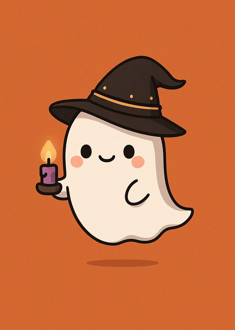 Cute ghost wearing a witch hat holds a candle on an orange background with shadow.