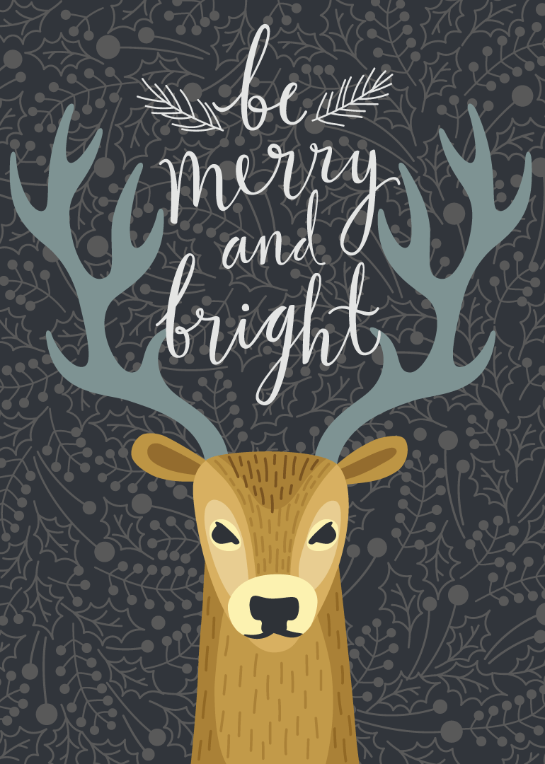 Illustration of reindeer with large antlers and be merry and bright text