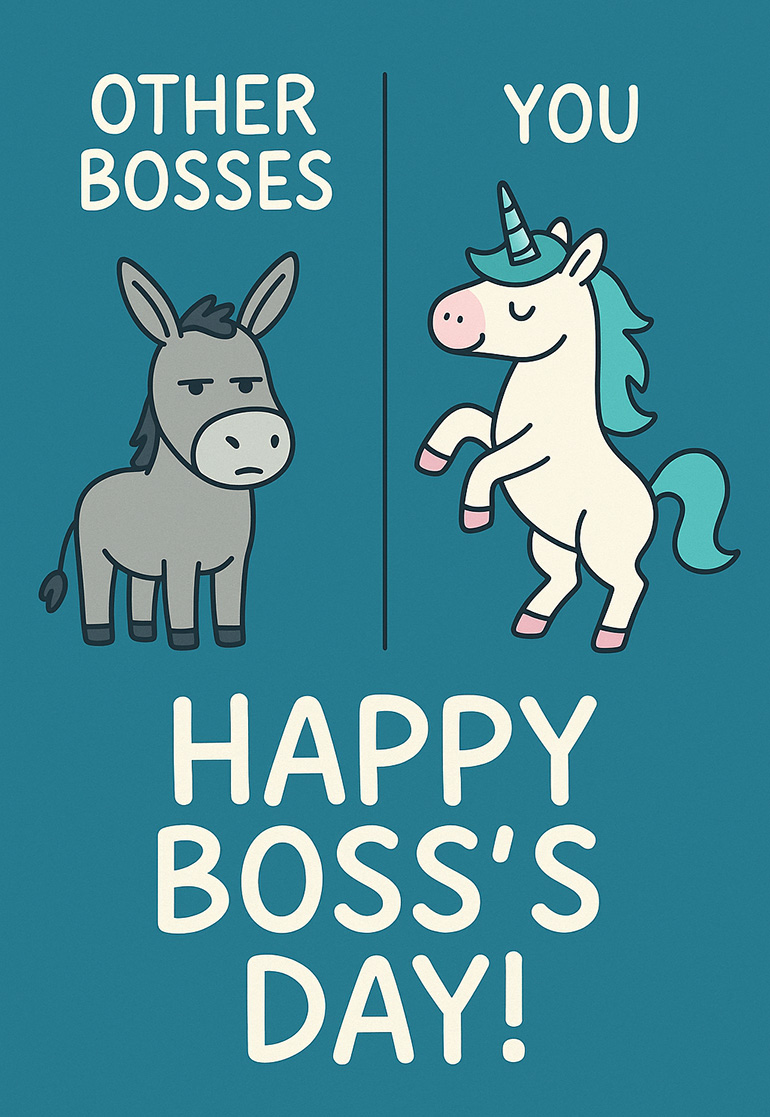 Boss's Day card with cartoon unicorn and donkey on teal background