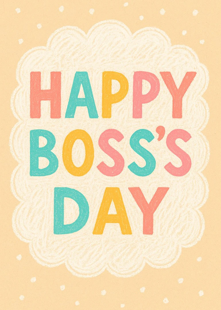 Colourful Happy Boss's Day lettering in a fluffy cloud with pastel polka dots on beige.