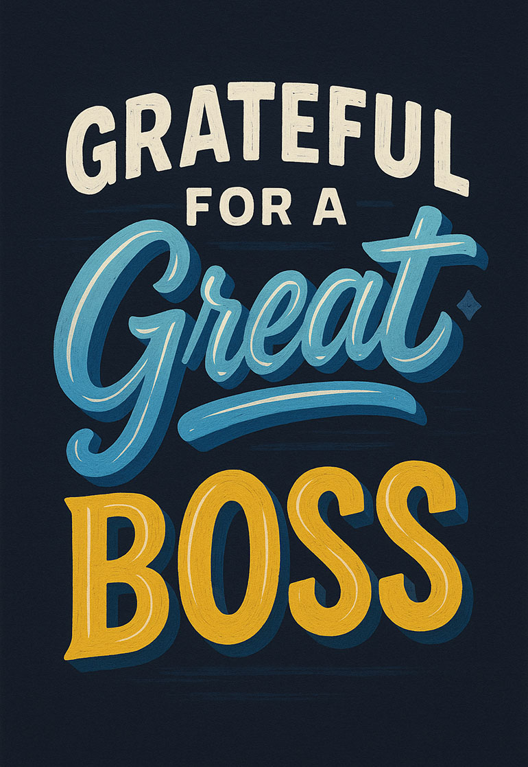 Appreciation card with colorful grateful for a great boss text