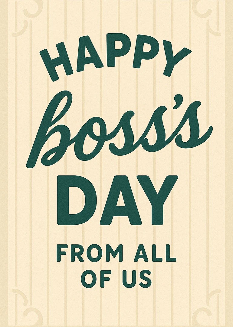 Teal Happy Boss's Day card with retro typography and a from all of us message.