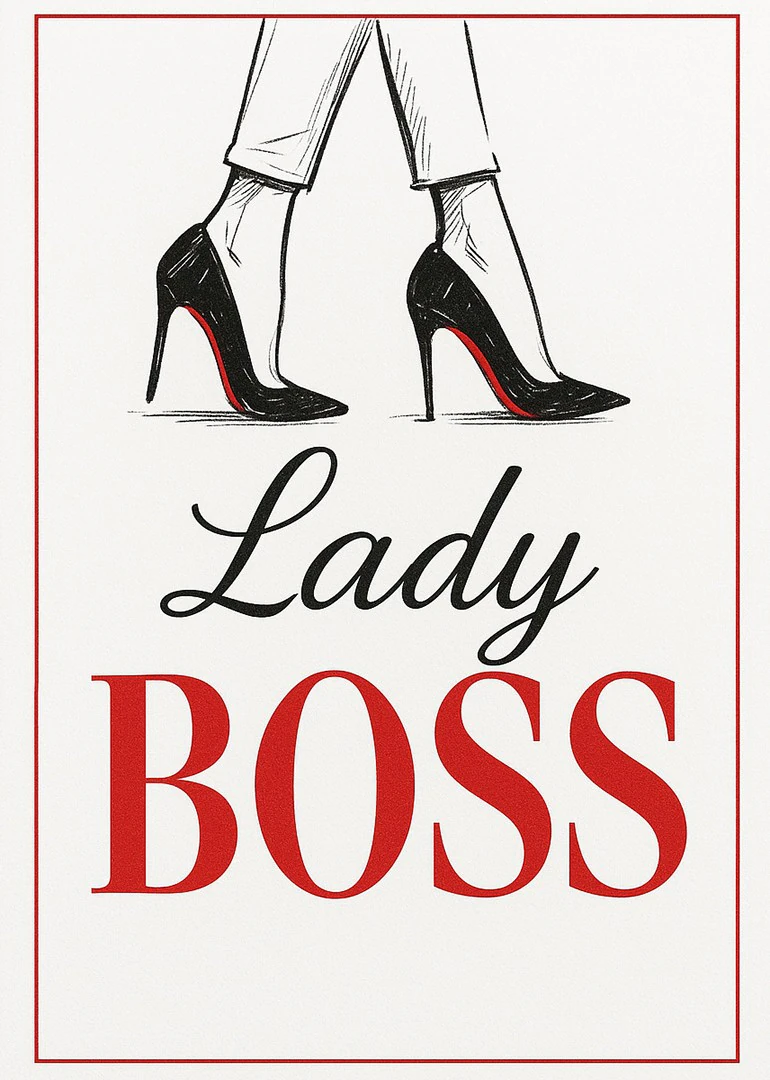 Black high heels and bold Lady Boss text on a white card with red accents.