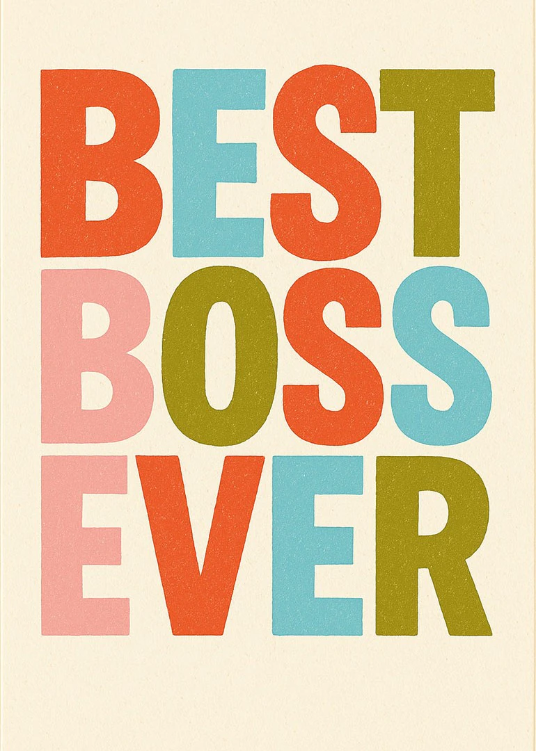 Bold colourful Best Boss Ever lettering card with retro block typography on cream background style.