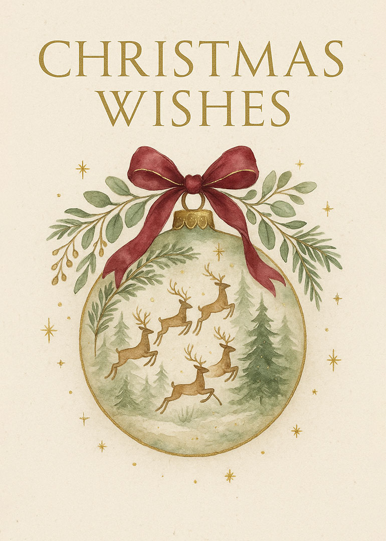 Christmas card with ornament showing reindeer and greenery tied with red bow