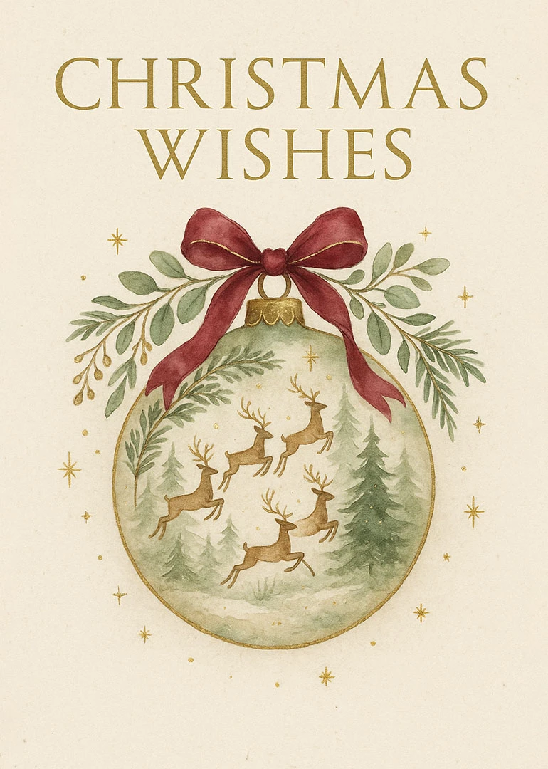 Watercolor Christmas ornament with reindeer, red bow, and Christmas Wishes text on a cream background.