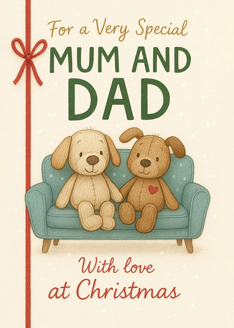 Two teddy dogs sit on a sofa beneath a Christmas message for mum and dad.