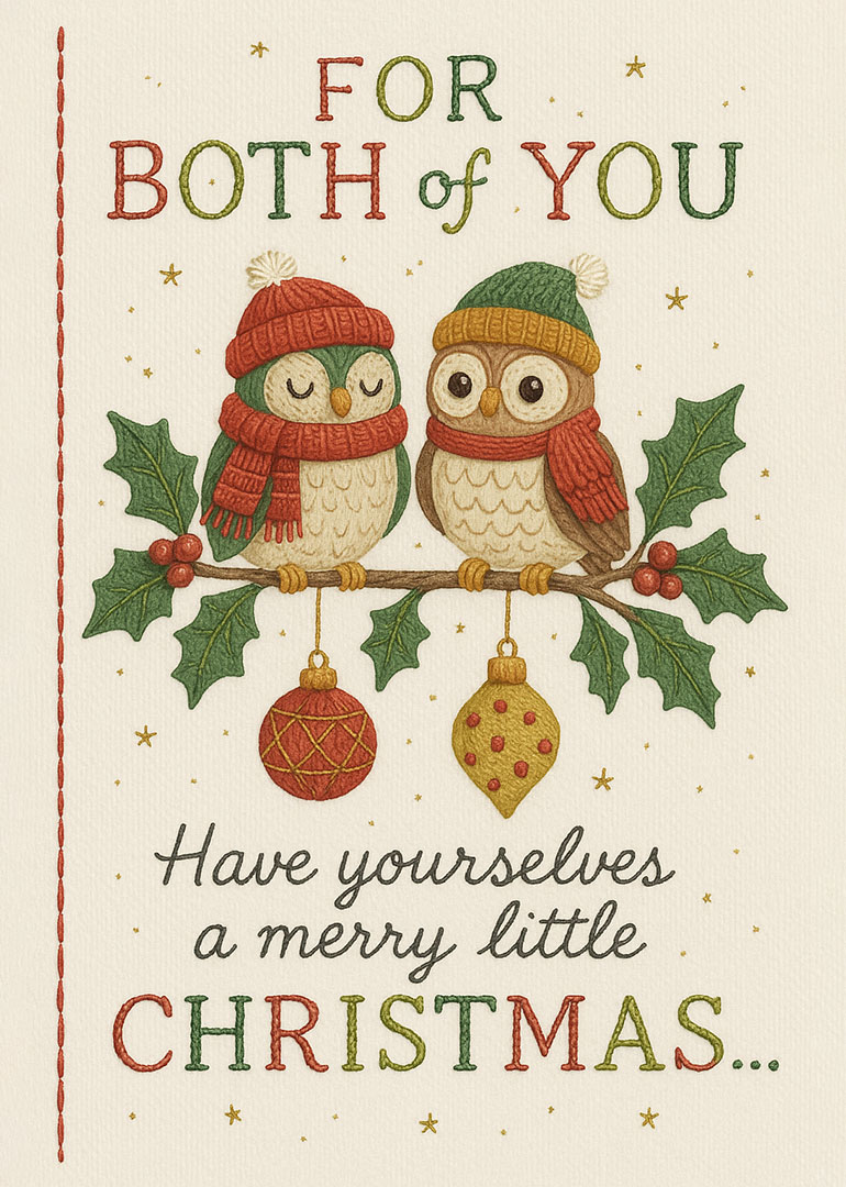 Two owls with winter hats on holly branch with Christmas decorations